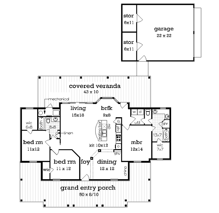 Farmhouse Southern Alternate Level One of Plan 65973