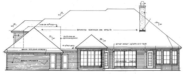 One-Story Rear Elevation of Plan 66017