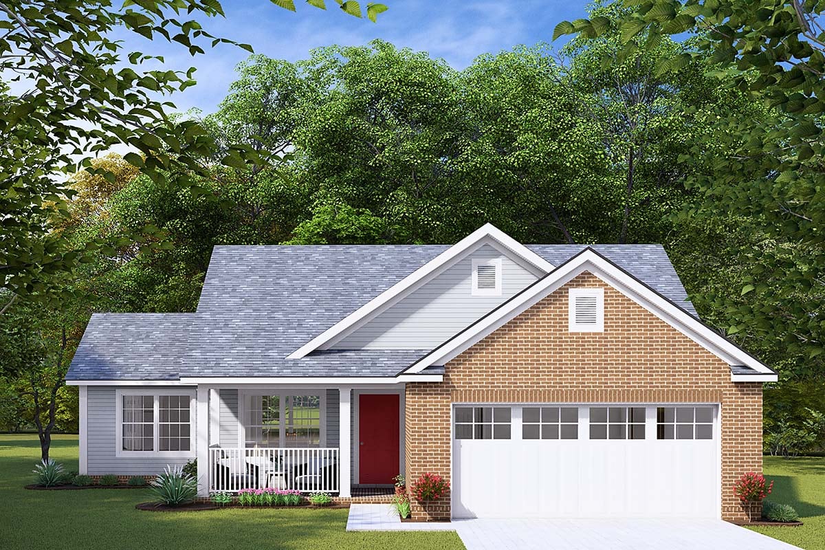Traditional Plan with 892 Sq. Ft., 2 Bedrooms, 2 Bathrooms, 2 Car Garage Elevation