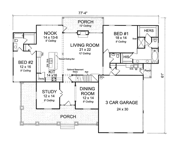 Country Farmhouse Traditional Level One of Plan 66505