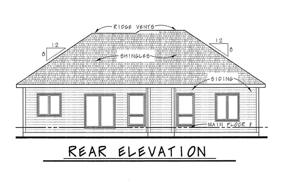 Country, European Plan with 1516 Sq. Ft., 3 Bedrooms, 2 Bathrooms, 2 Car Garage Rear Elevation