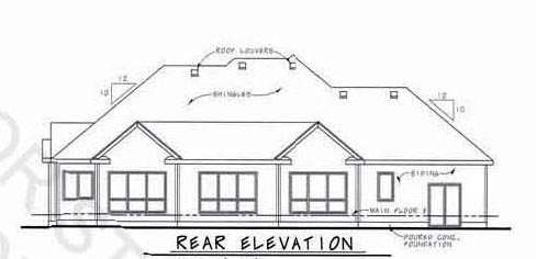 Country, European Plan with 2279 Sq. Ft., 2 Bedrooms, 4 Bathrooms, 3 Car Garage Rear Elevation