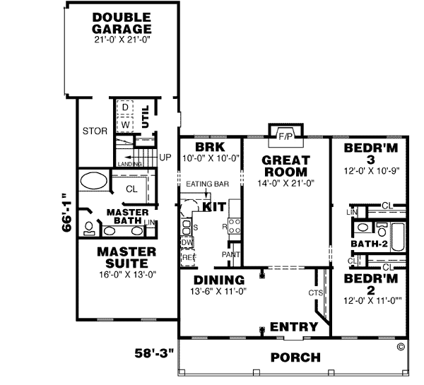 Colonial One-Story Southern Level One of Plan 67000