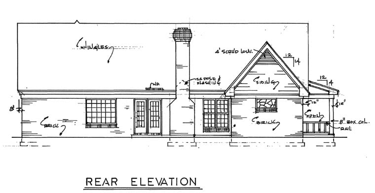 Country Southern Rear Elevation of Plan 67004