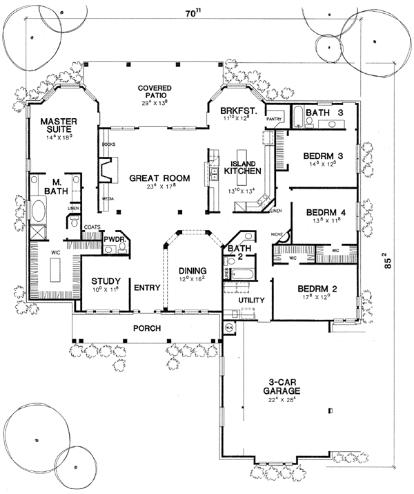 Country European One-Story Level One of Plan 67403