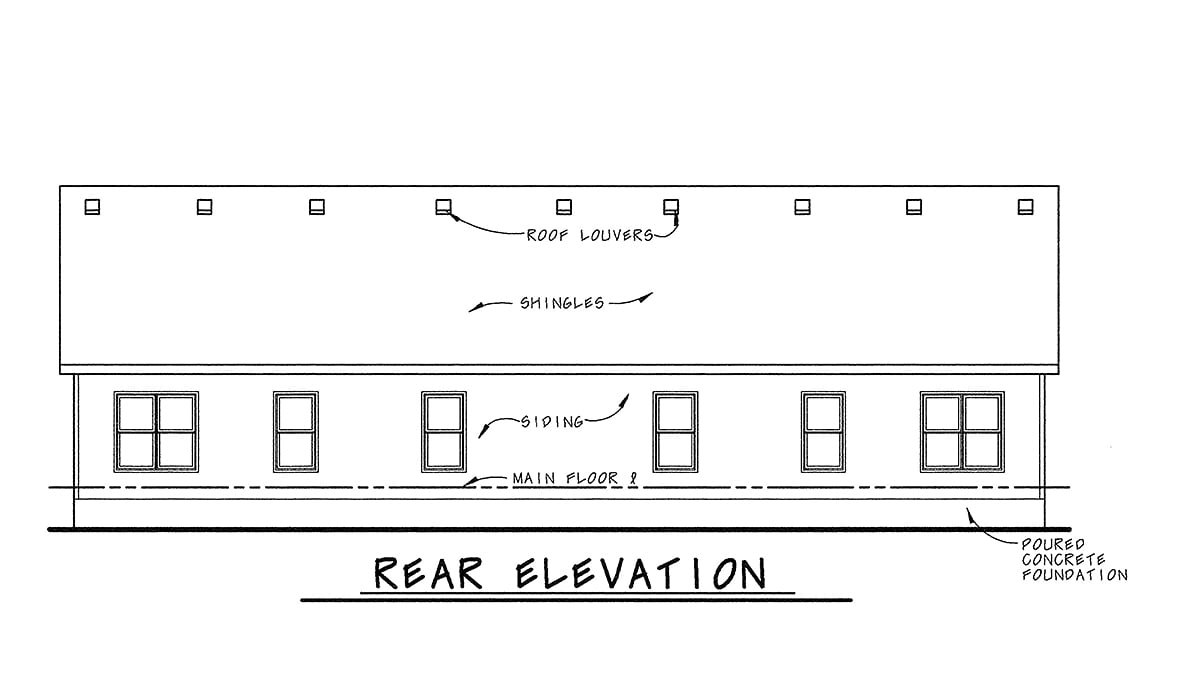 One-Story Traditional Rear Elevation of Plan 68099