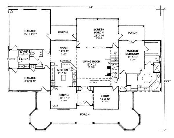 Colonial Country Farmhouse Southern Level One of Plan 68173