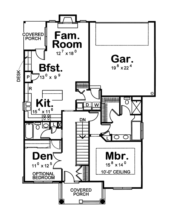 Bungalow Narrow Lot One-Story Traditional Level One of Plan 68192