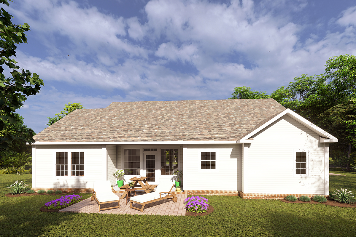 Traditional Plan with 1496 Sq. Ft., 4 Bedrooms, 2 Bathrooms, 2 Car Garage Rear Elevation