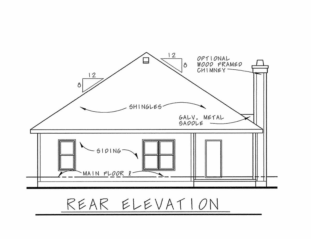 Country, Craftsman Plan with 1195 Sq. Ft., 3 Bedrooms, 2 Bathrooms, 2 Car Garage Rear Elevation