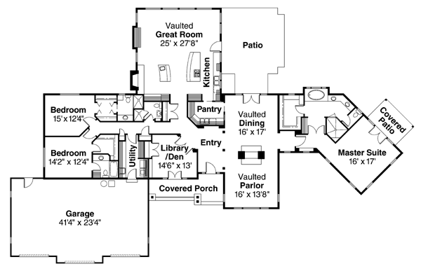 Bungalow One-Story Traditional Level One of Plan 69128