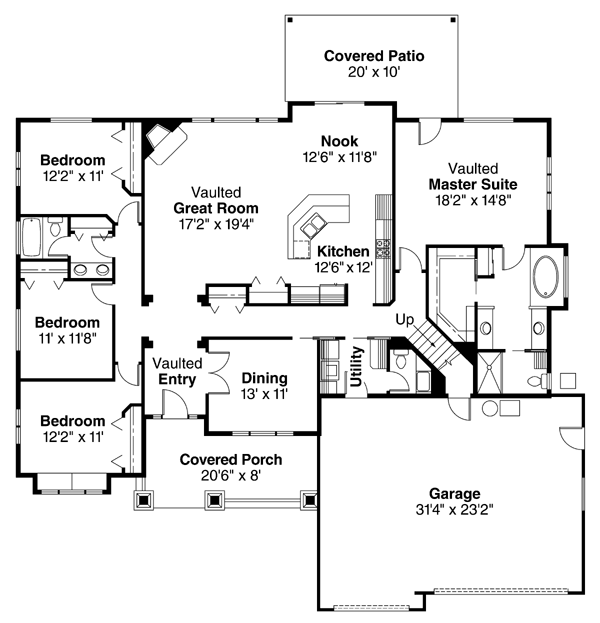 Bungalow Craftsman One-Story Level One of Plan 69131