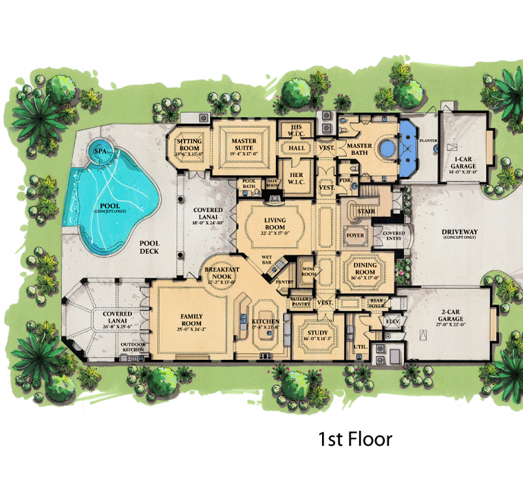 Coastal Contemporary Florida Mediterranean Level One of Plan 71503