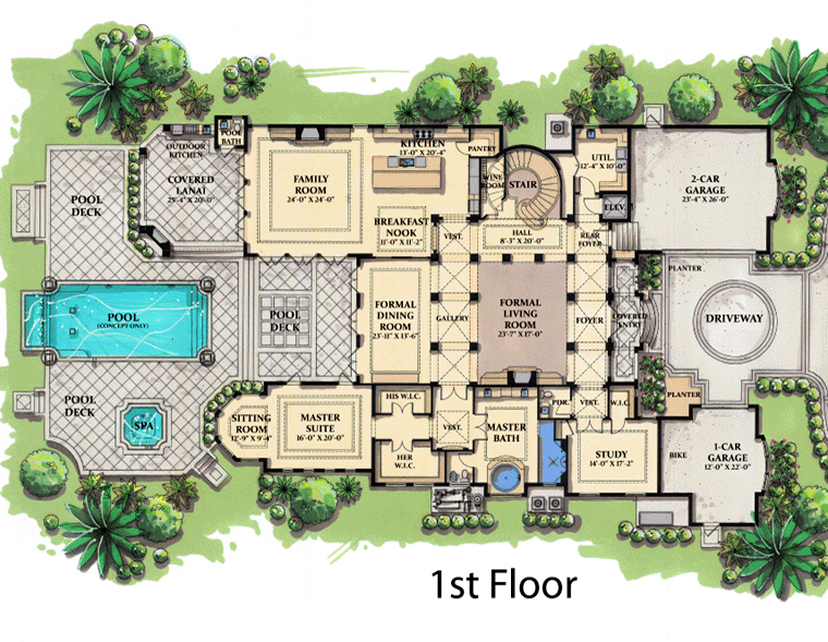 Coastal Contemporary Florida Mediterranean Level One of Plan 71504