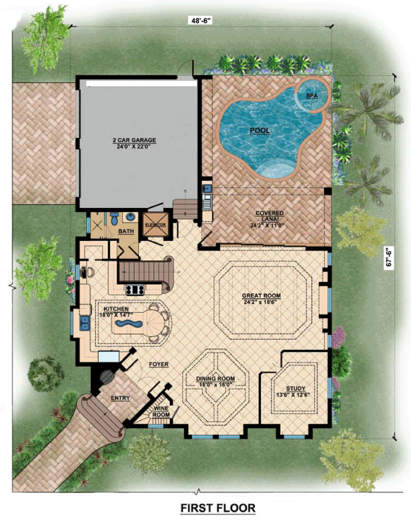 Coastal Contemporary Florida Mediterranean Level One of Plan 71505