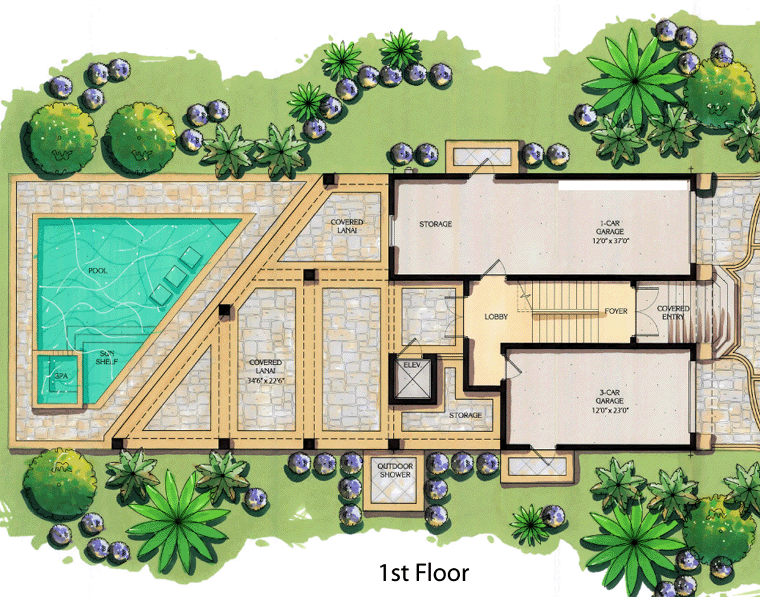 Coastal Contemporary Florida Mediterranean Level One of Plan 71508