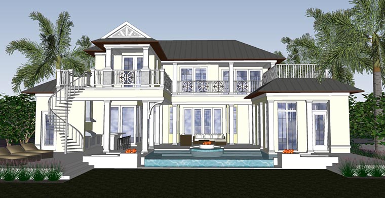 Florida, Mediterranean Plan with 4450 Sq. Ft., 4 Bedrooms, 6 Bathrooms, 2 Car Garage Rear Elevation