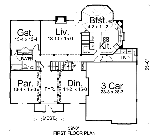 European Greek Revival Level One of Plan 72056