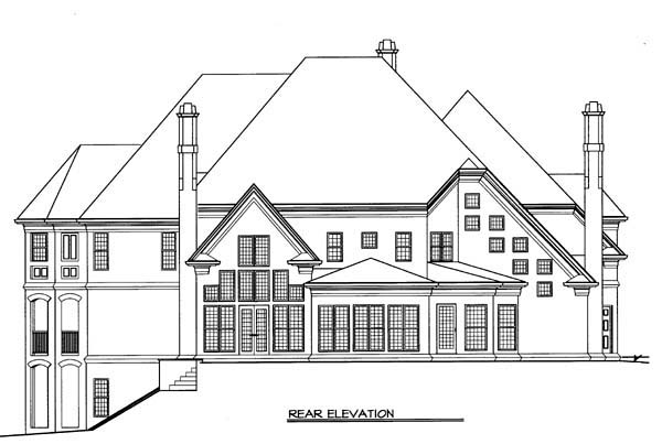 European, Greek Revival Plan with 4591 Sq. Ft., 5 Bedrooms, 4 Bathrooms, 3 Car Garage Rear Elevation