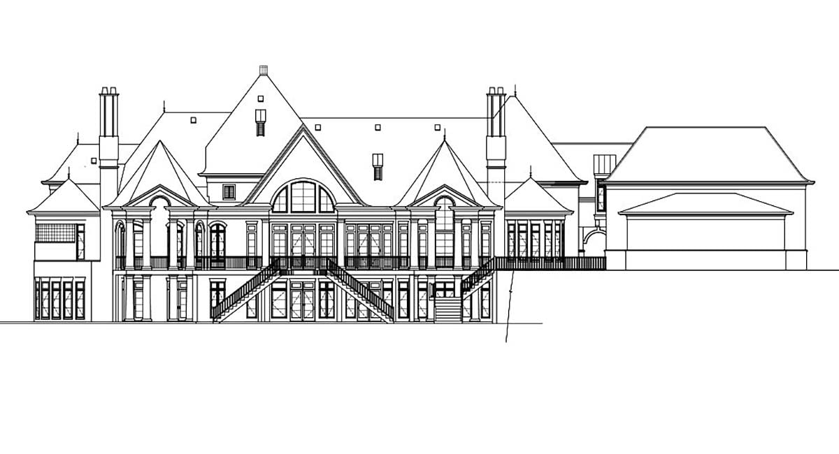 European, Greek Revival Plan with 8628 Sq. Ft., 7 Bedrooms, 9 Bathrooms, 5 Car Garage Rear Elevation