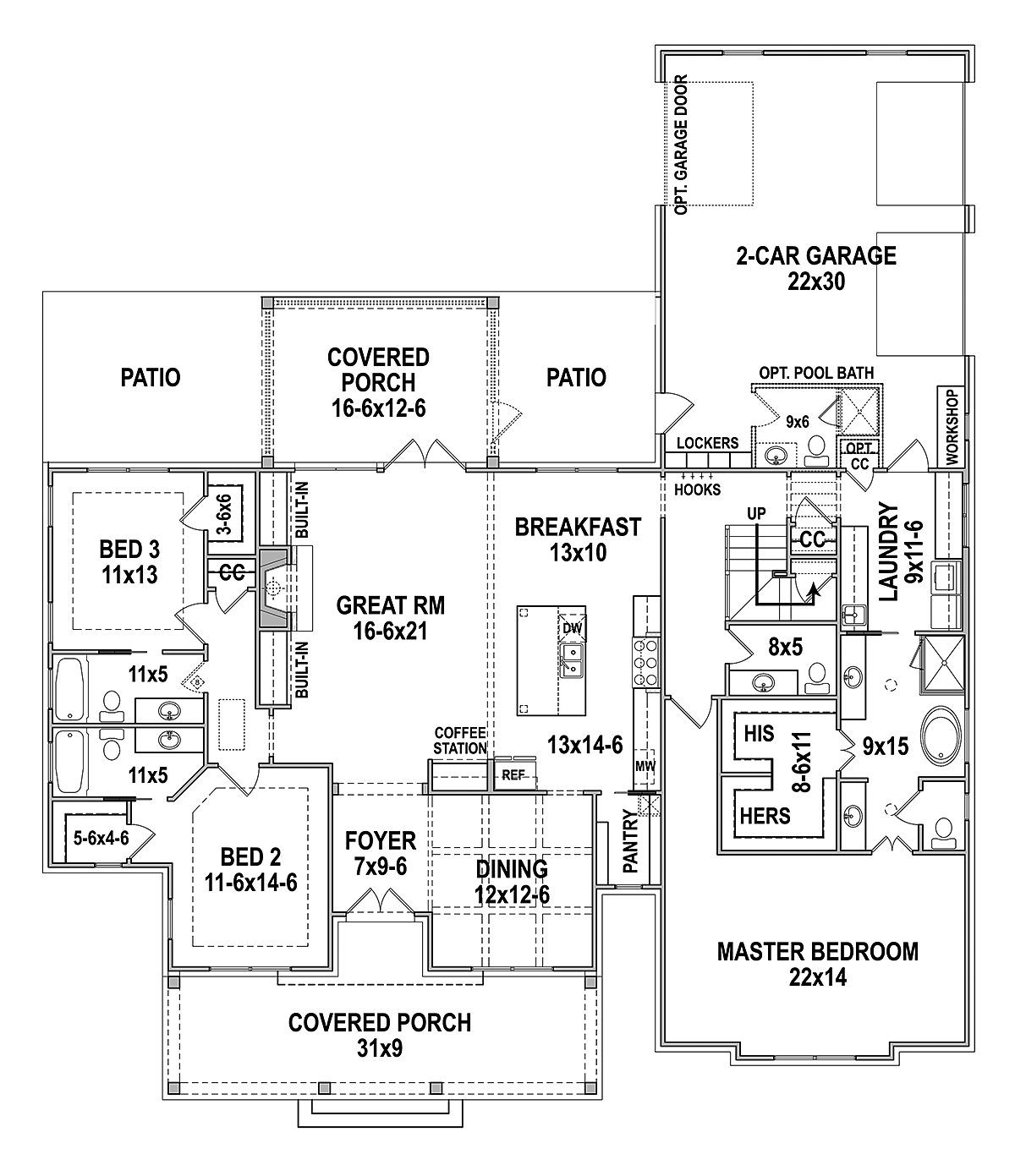 Country Farmhouse One-Story Southern Level One of Plan 72250