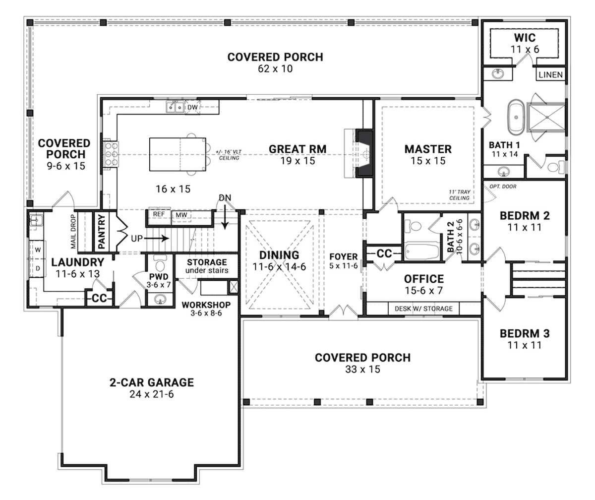 Farmhouse Ranch Traditional Level One of Plan 72253