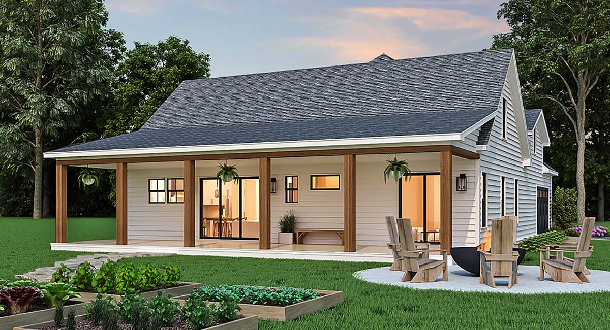 Country, Farmhouse, New American Style, Ranch Plan with 1646 Sq. Ft., 3 Bedrooms, 2 Bathrooms, 2 Car Garage Rear Elevation