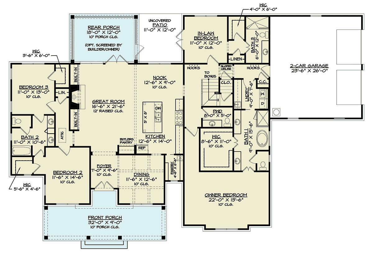 Country Farmhouse New American Style Southern Level One of Plan 72265
