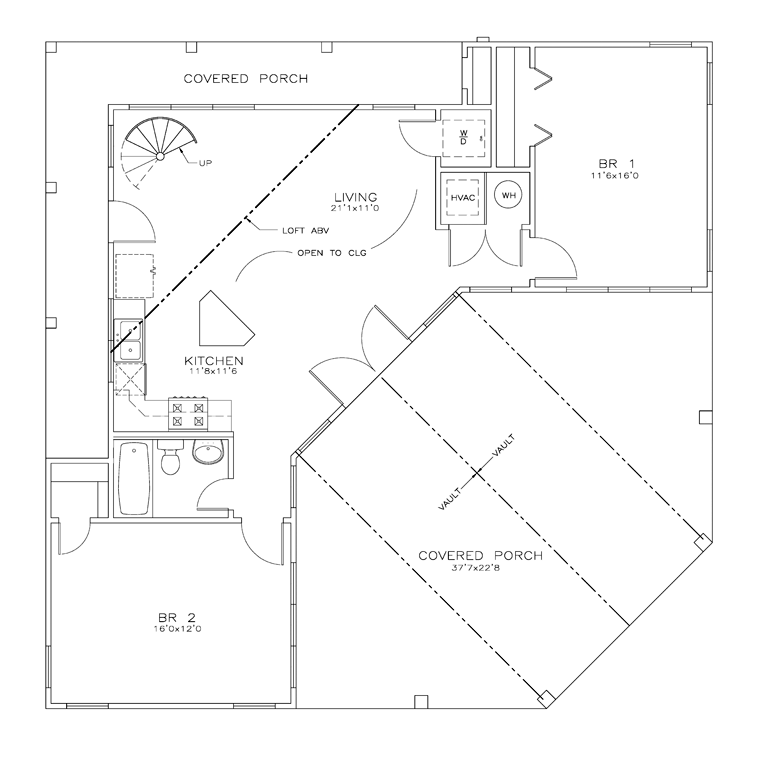 Cabin Cottage Southern Level One of Plan 72329