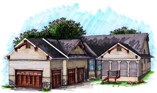 Cottage, Craftsman Plan with 2394 Sq. Ft., 2 Bedrooms, 3 Bathrooms, 3 Car Garage Rear Elevation