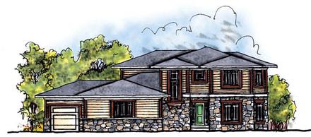 Prairie Style Southwest Elevation of Plan 73208