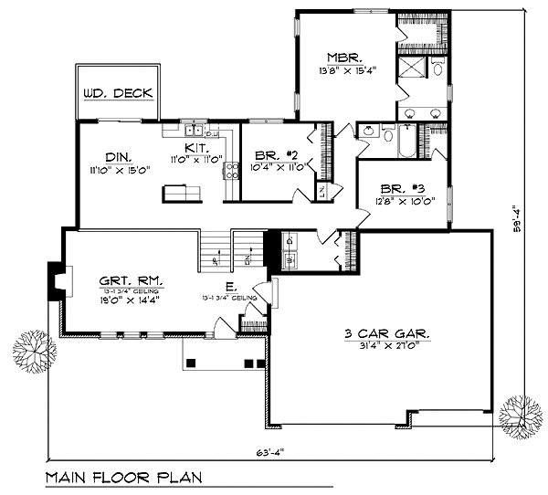 Plan 73271 | Traditional Style with 3 Bed, 2 Bath, 3 Car Garage