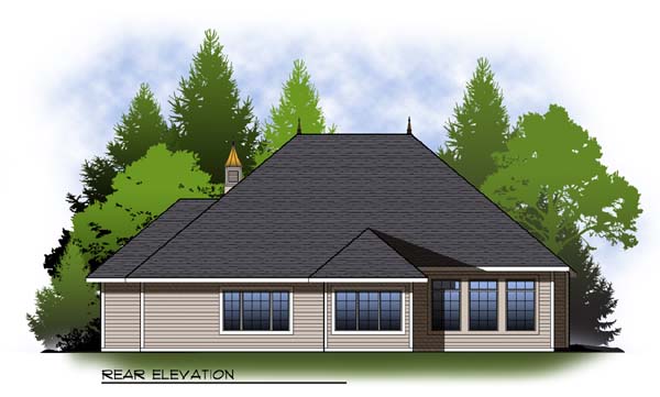 Country Plan with 1829 Sq. Ft., 2 Bedrooms, 2 Bathrooms, 3 Car Garage Rear Elevation