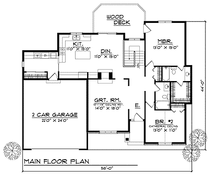 European One-Story Ranch Level One of Plan 73335