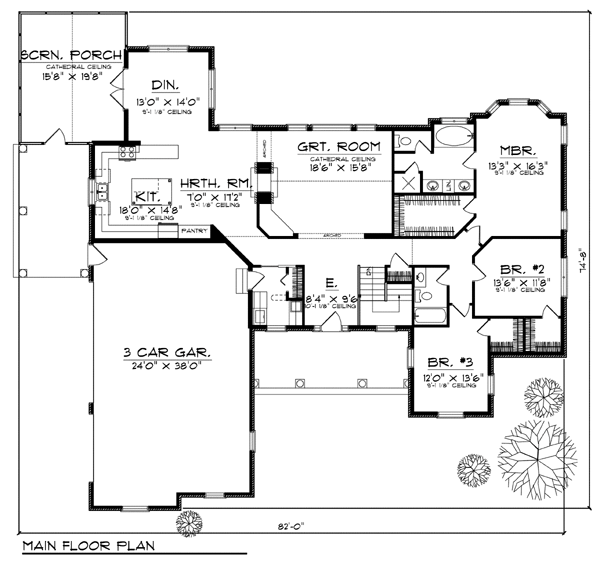 European One-Story Ranch Level One of Plan 73374