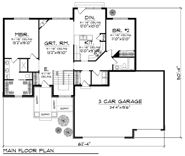 Country One-Story Ranch Level One of Plan 73412