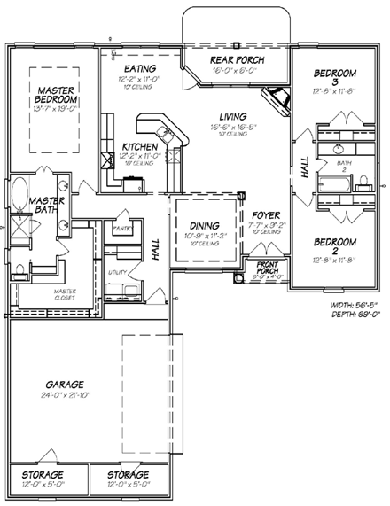 European House Plan 74621 with 3 Beds, 2 Baths, 2 Car Garage First Level Plan