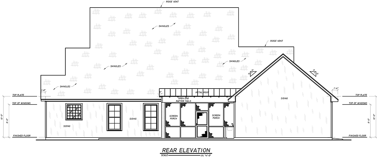 Farmhouse Southern Traditional Rear Elevation of Plan 74644