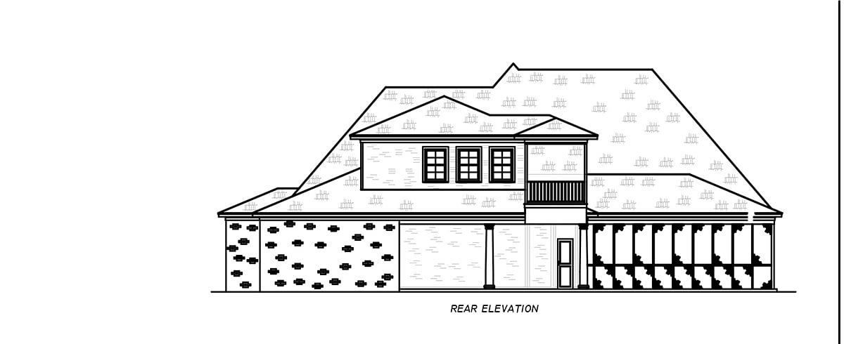 Acadian, French Country, Traditional Plan with 3329 Sq. Ft., 3 Bedrooms, 4 Bathrooms, 3 Car Garage Rear Elevation