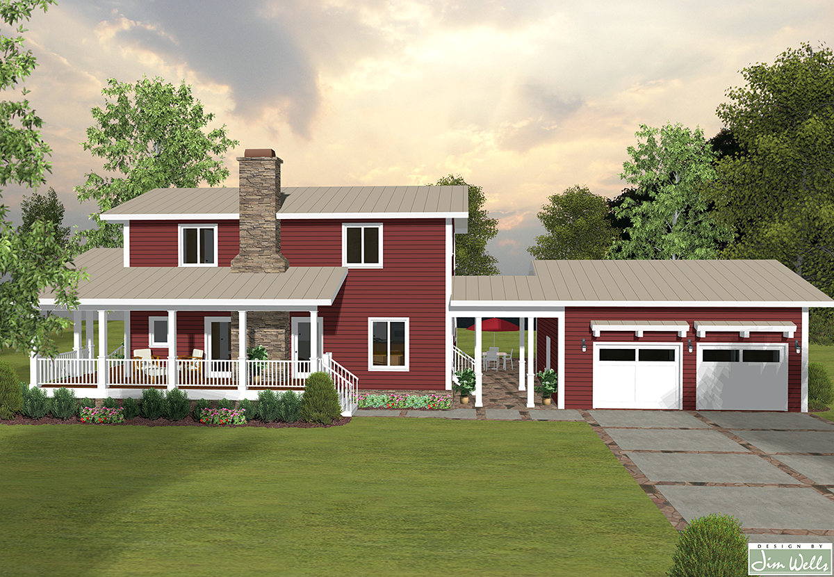 Contemporary Country Rear Elevation of Plan 74870