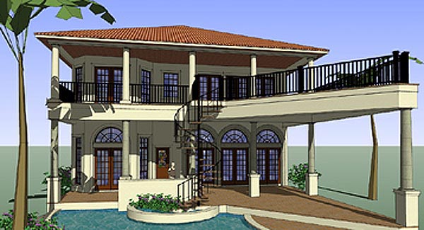 Coastal Contemporary Florida Italian Mediterranean Rear Elevation of Plan 75131