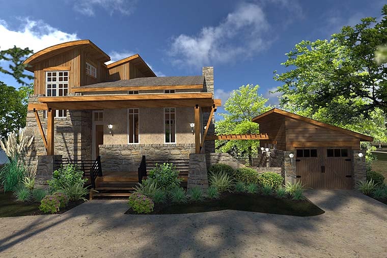 Contemporary, Cottage, Craftsman, Modern, Tuscan Plan with 985 Sq. Ft., 2 Bedrooms, 2 Bathrooms, 1 Car Garage Elevation