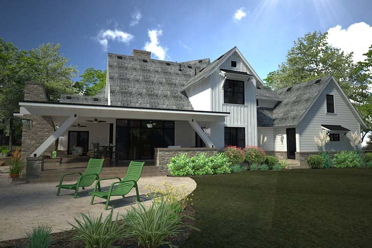 Contemporary, Country, Farmhouse Plan with 4839 Sq. Ft., 4 Bedrooms, 5 Bathrooms, 3 Car Garage Rear Elevation