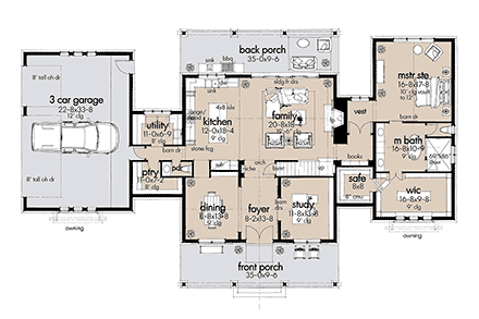 Country, Farmhouse House Plan 75172 with 3 Beds, 3 Baths, 3 Car Garage First Level Plan
