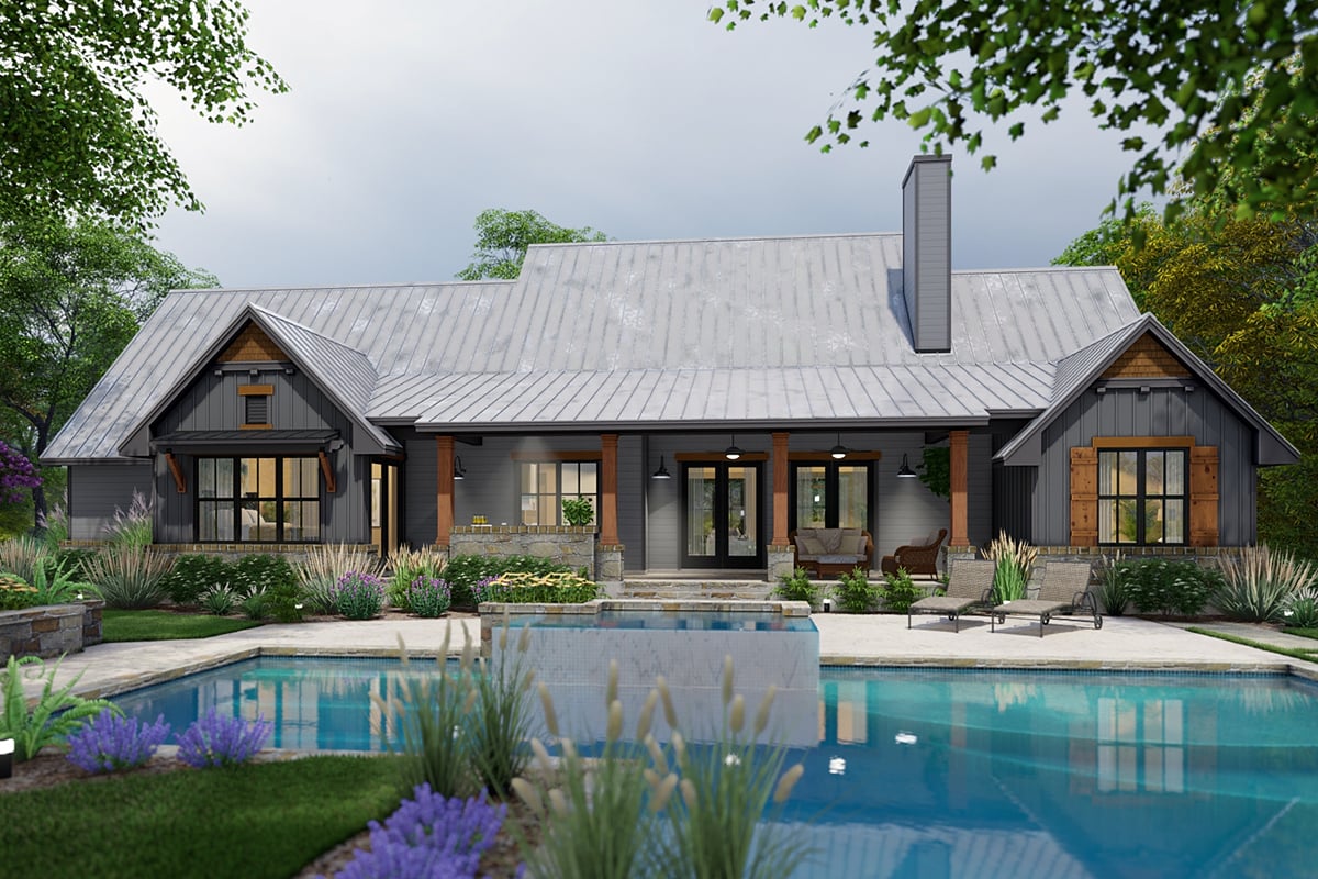 Cottage Country Farmhouse Ranch Southern Traditional Rear Elevation of Plan 75173