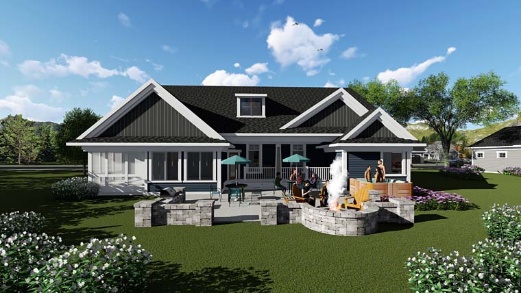 Country Craftsman Ranch Traditional Rear Elevation of Plan 75262