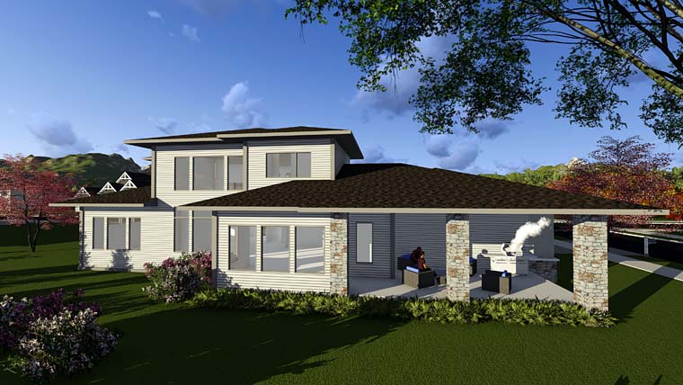 Contemporary Prairie Style Southwest Rear Elevation of Plan 75405