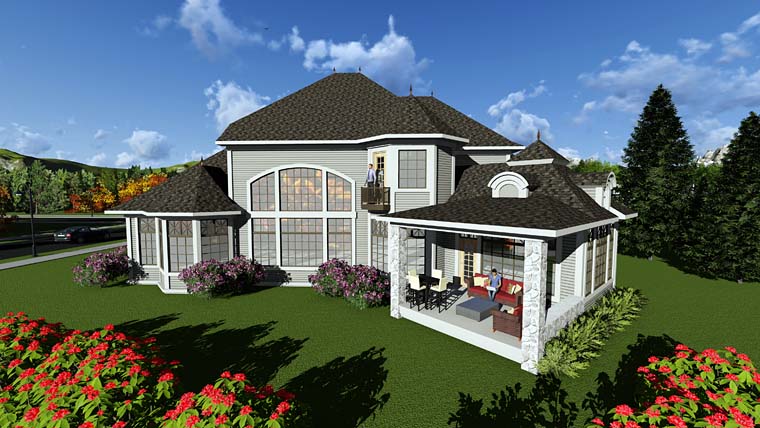 European, French Country Plan with 4381 Sq. Ft., 4 Bedrooms, 5 Bathrooms, 3 Car Garage Rear Elevation