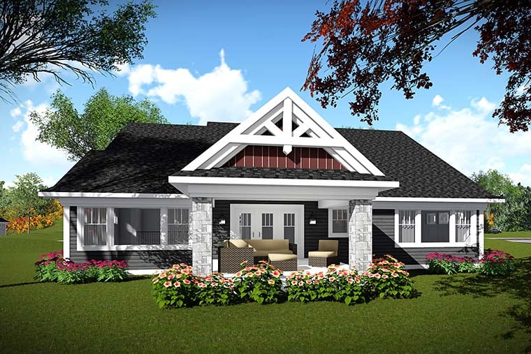 Bungalow, Cottage, Craftsman Plan with 2224 Sq. Ft., 2 Bedrooms, 2 Bathrooms, 2 Car Garage Rear Elevation