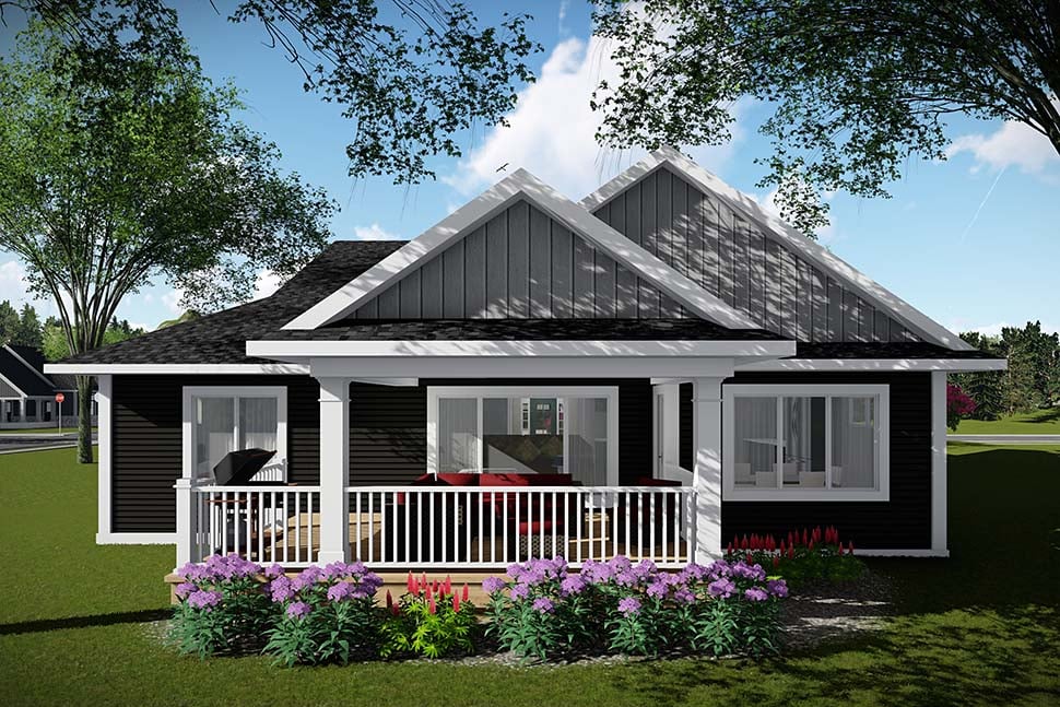 Craftsman, Ranch, Traditional Plan with 1736 Sq. Ft., 2 Bedrooms, 2 Bathrooms, 3 Car Garage Rear Elevation